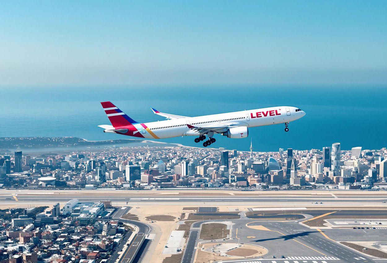A stunning photograph captures a LEVEL Airlines Airbus A330-200 departing from Barcelona-El Prat Airport, with the city skyline and Mediterranean Sea in the background.