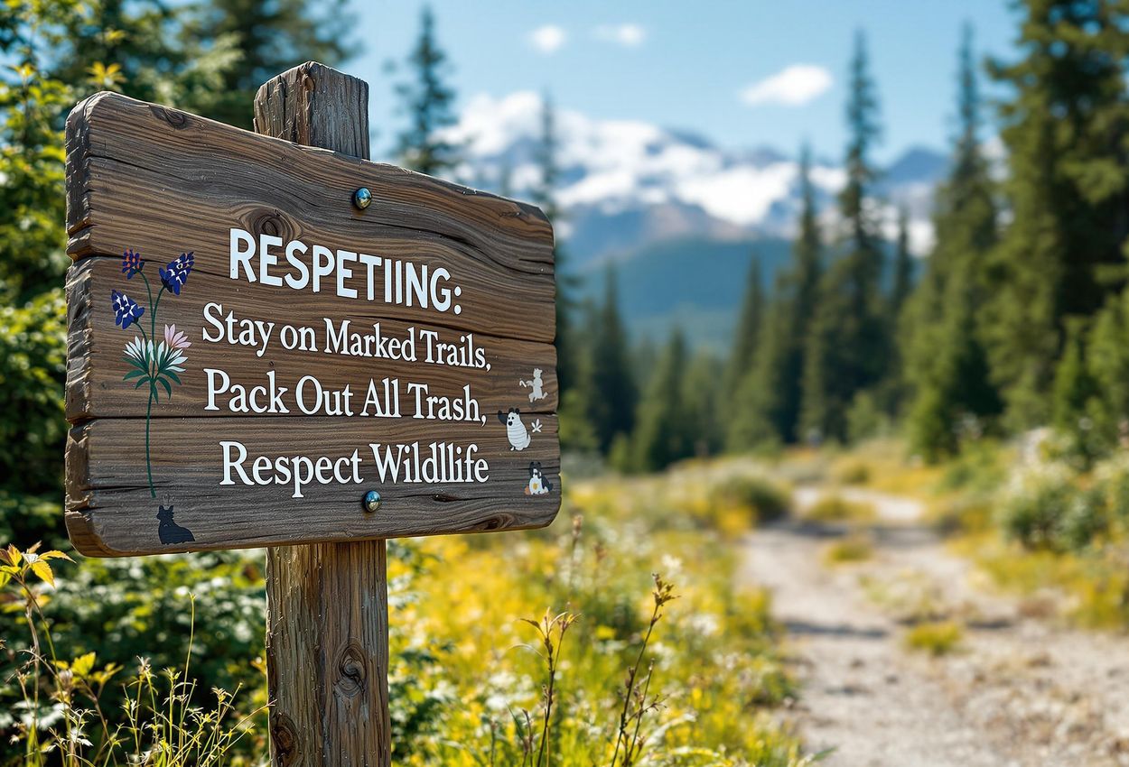 A close-up photograph of a sign encouraging respect for local ecosystems at a music festival, set in a pristine alpine meadow with a marked hiking trail.