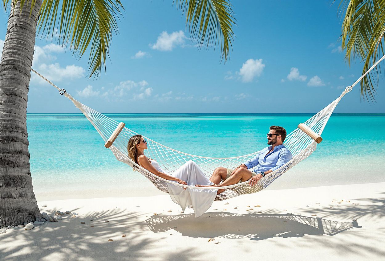 A serene photograph capturing a couple relaxing in a hammock on the white sandy beach of Rum Point, Grand Cayman, with crystal-clear turquoise waters and shady palm trees.
