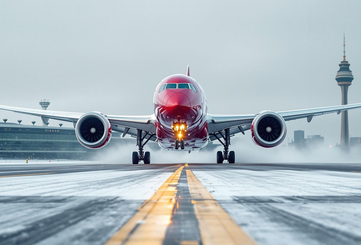 A low-angle photograph of a Virgin Atlantic Boeing 787-9 landing at Toronto Pearson International Airport in winter. The runway is dusted with snow, and the airport terminal is visible in the background.