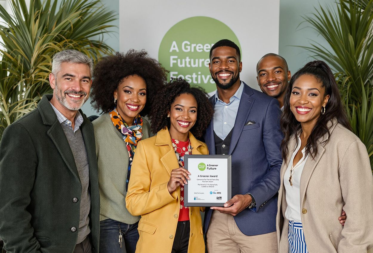 A candid photograph of festival organizers and attendees proudly displaying a sustainability award, highlighting their commitment to environmental responsibility and community achievement.