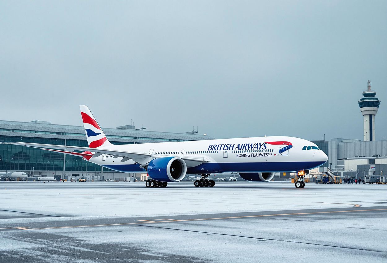 A photograph of a British Airways Boeing 777-300ER parked at London Heathrow Airport on a winter day, showcasing the launch of new services to Kuala Lumpur and Tbilisi.
