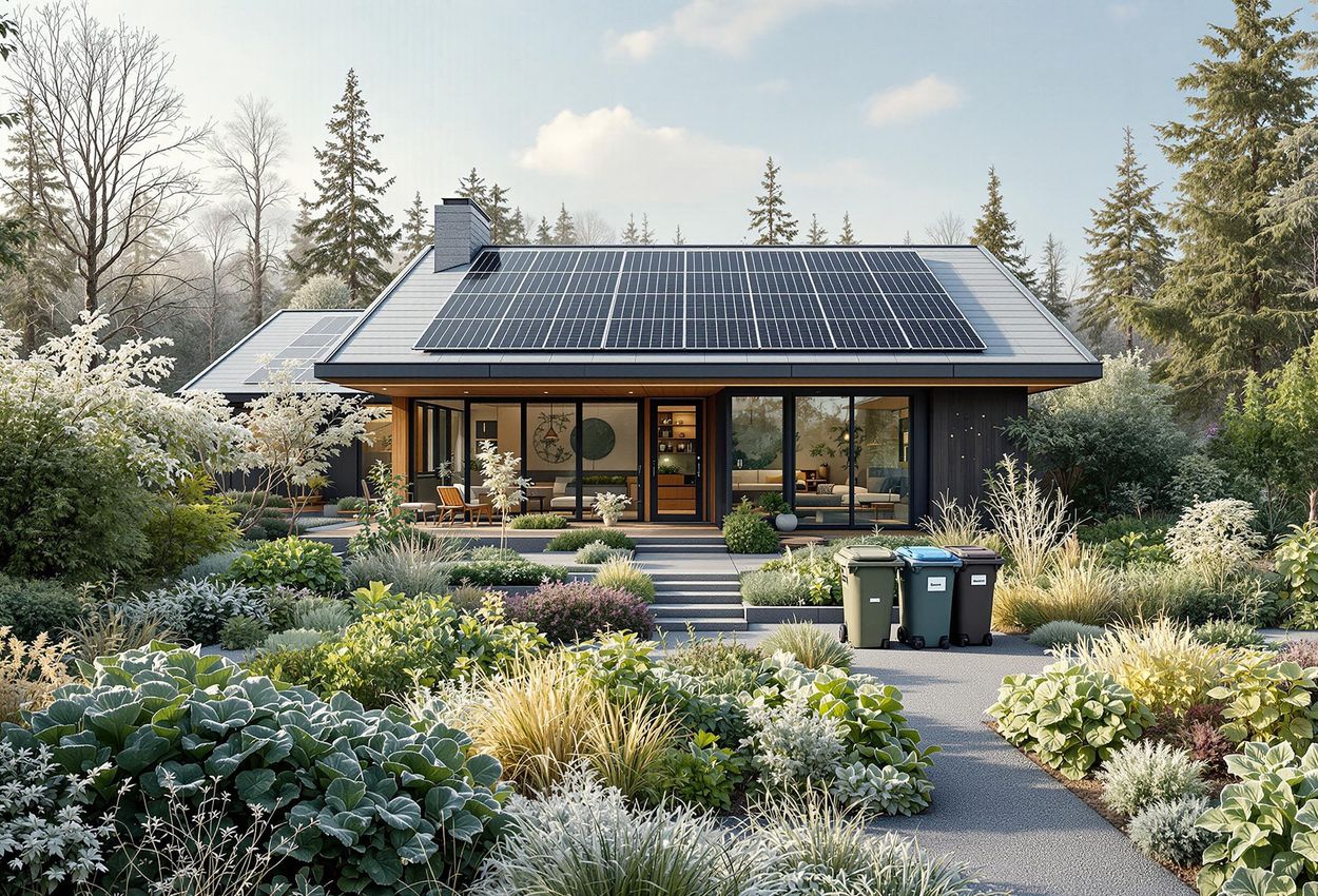 A photograph of a modern home with solar panels, a vegetable garden, and recycling bins, illustrating a commitment to sustainable living.
