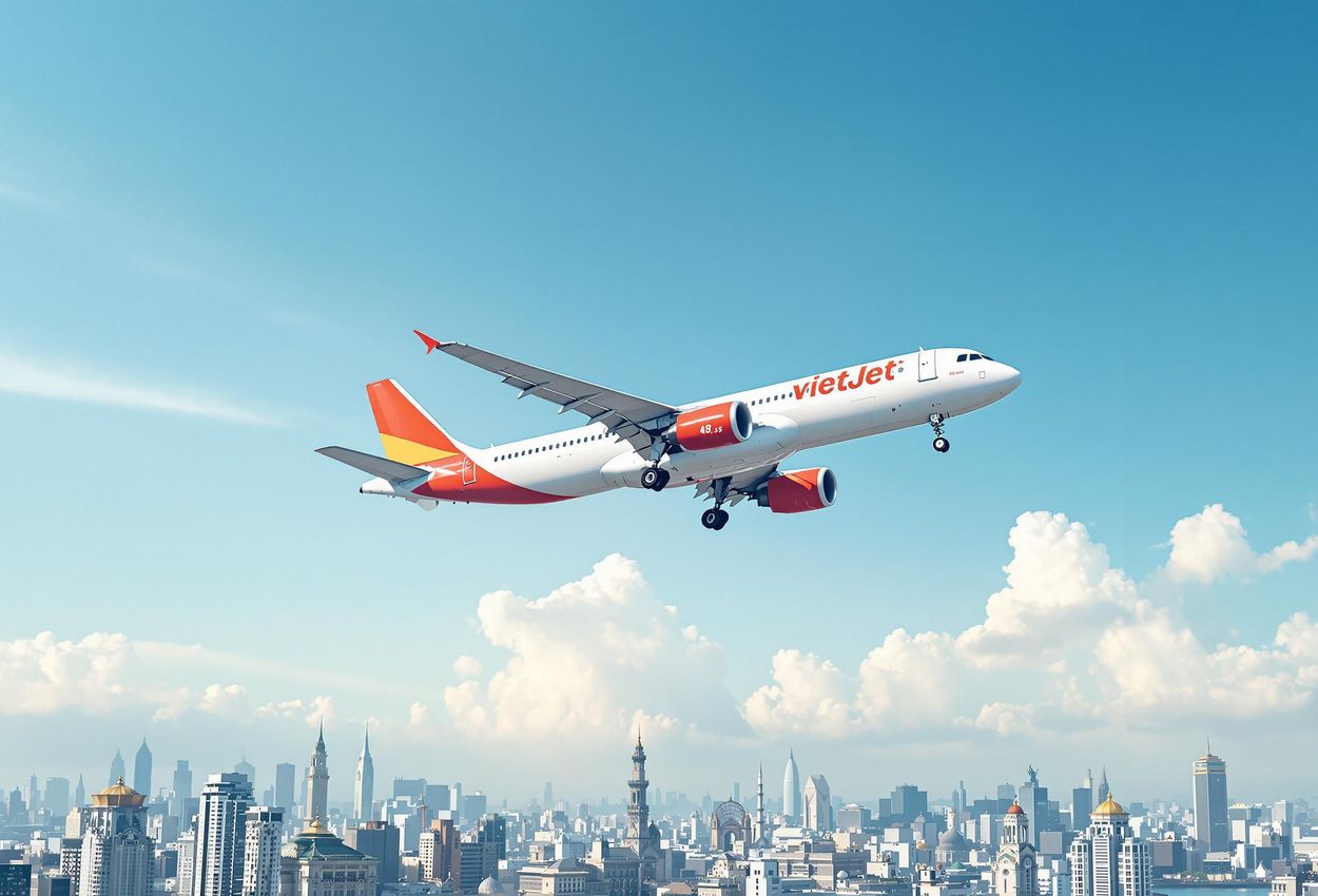 A photograph of a Vietjet aircraft taking off from Hanoi, Vietnam, in January 2025, with the city skyline and its iconic landmarks visible in the background.