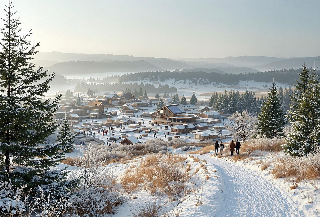 A panoramic photograph capturing the serene beauty of Paradise City Festival in Belgium on a winter morning, showcasing its harmonious integration with nature and sustainable design.