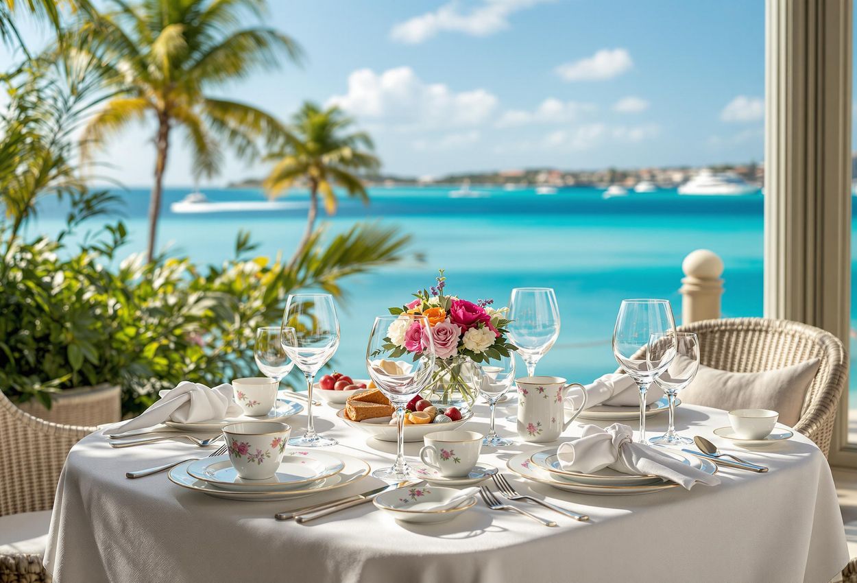 A serene photograph captures an elegant table setting at a waterfront restaurant in the Cayman Islands, offering stunning views of the Caribbean Sea. Fine china, crystal glassware, and silverware evoke a sense of luxury and culinary excellence.