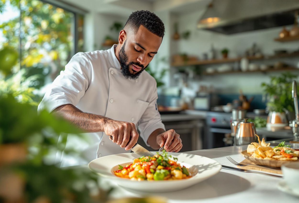 A photograph of a chef in the Cayman Islands preparing a vibrant dish with fresh, local ingredients in a modern kitchen setting.