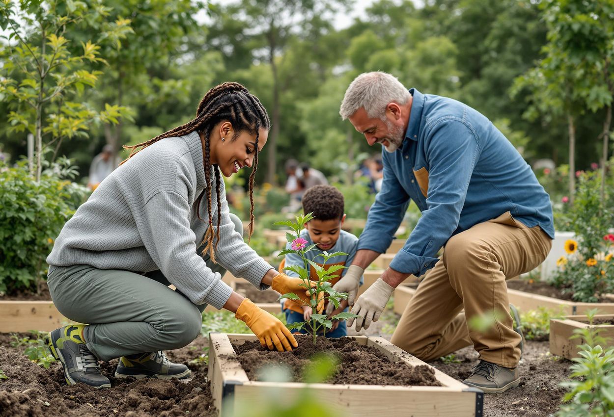 A medium shot of community members collaborating on a sustainability project, planting trees and building a community garden.