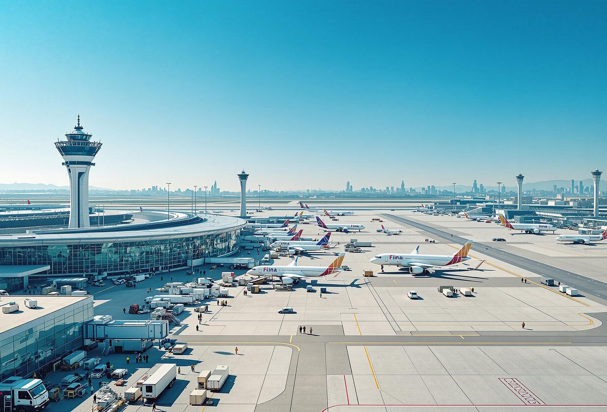 An aerial photograph capturing the dynamic activity at a major international airport in January 2025, showcasing planes taking off and landing, ground crew at work, and the sprawling infrastructure of modern air travel.