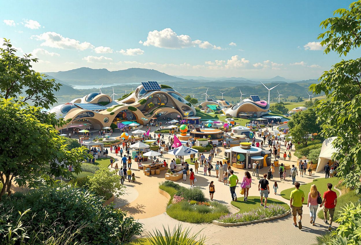 A wide-angle photograph captures a futuristic regenerative festival featuring innovative structures, renewable energy sources, and lush greenery, conveying optimism for a sustainable future.