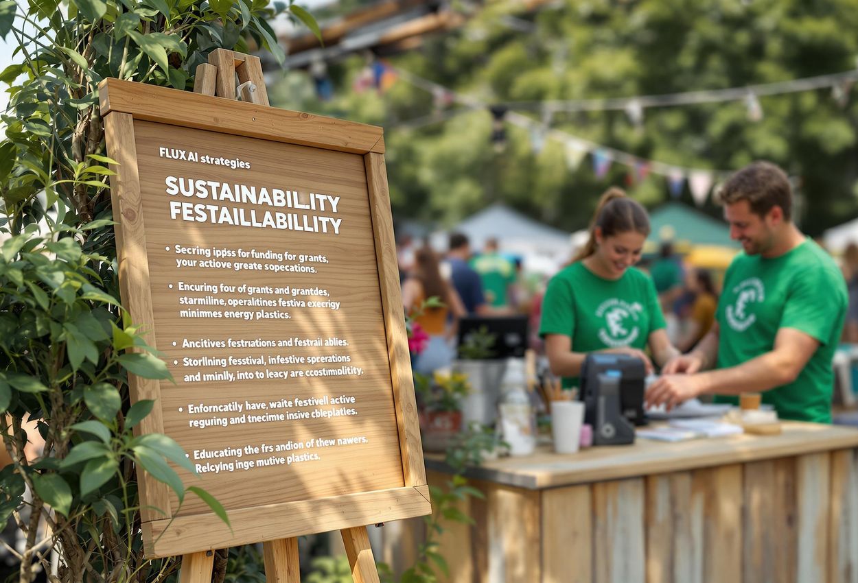 A close-up photograph of a sign at a music festival information booth, offering tips on funding, operations, and education for sustainability. Festival staff are available to provide support.