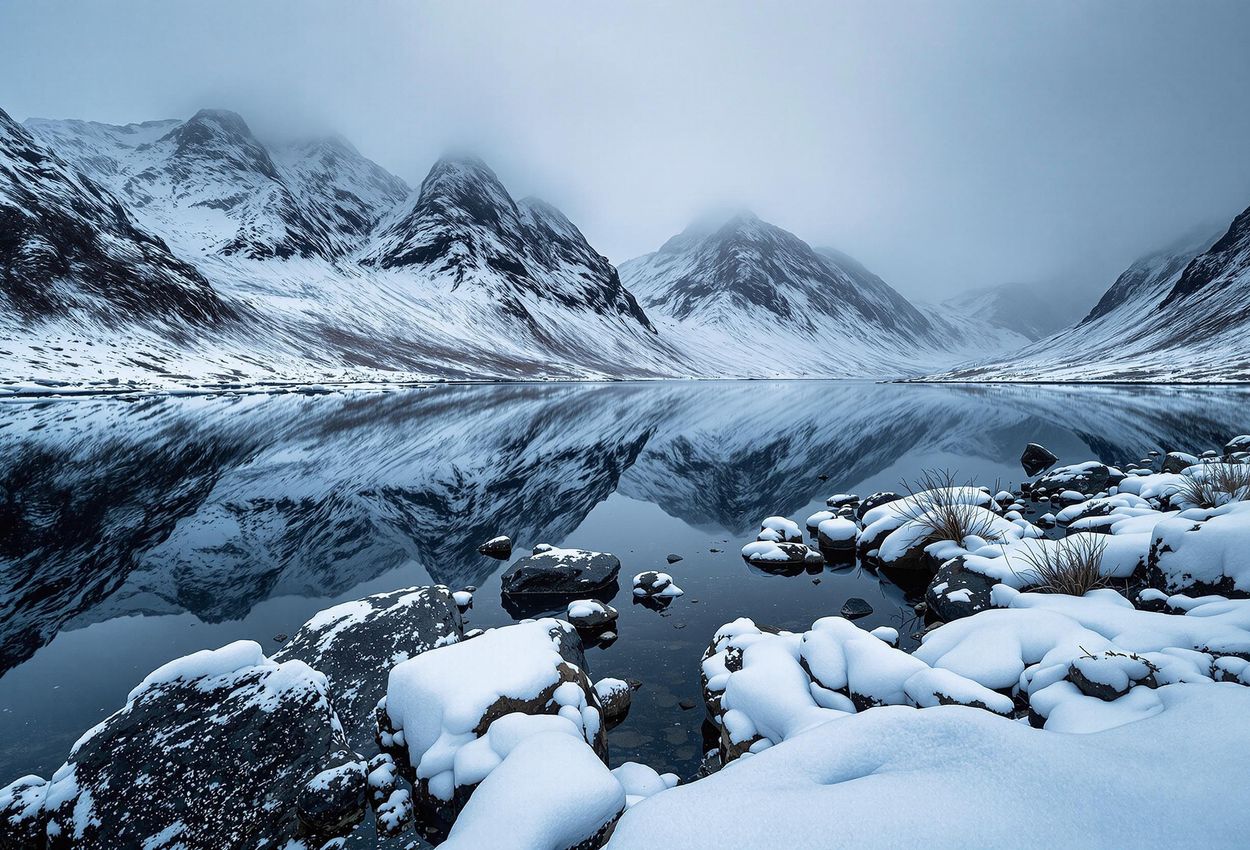 A serene photograph of Loch Coruisk in winter, showcasing the snow-dusted Cuillin mountains reflected in the still, dark waters. A stunning capture of Scotland