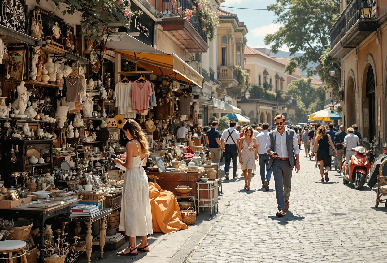 A captivating photograph capturing the bustling antique market in San Telmo, Buenos Aires. The image showcases the vibrant atmosphere, unique finds, and historic architecture of this iconic neighborhood.