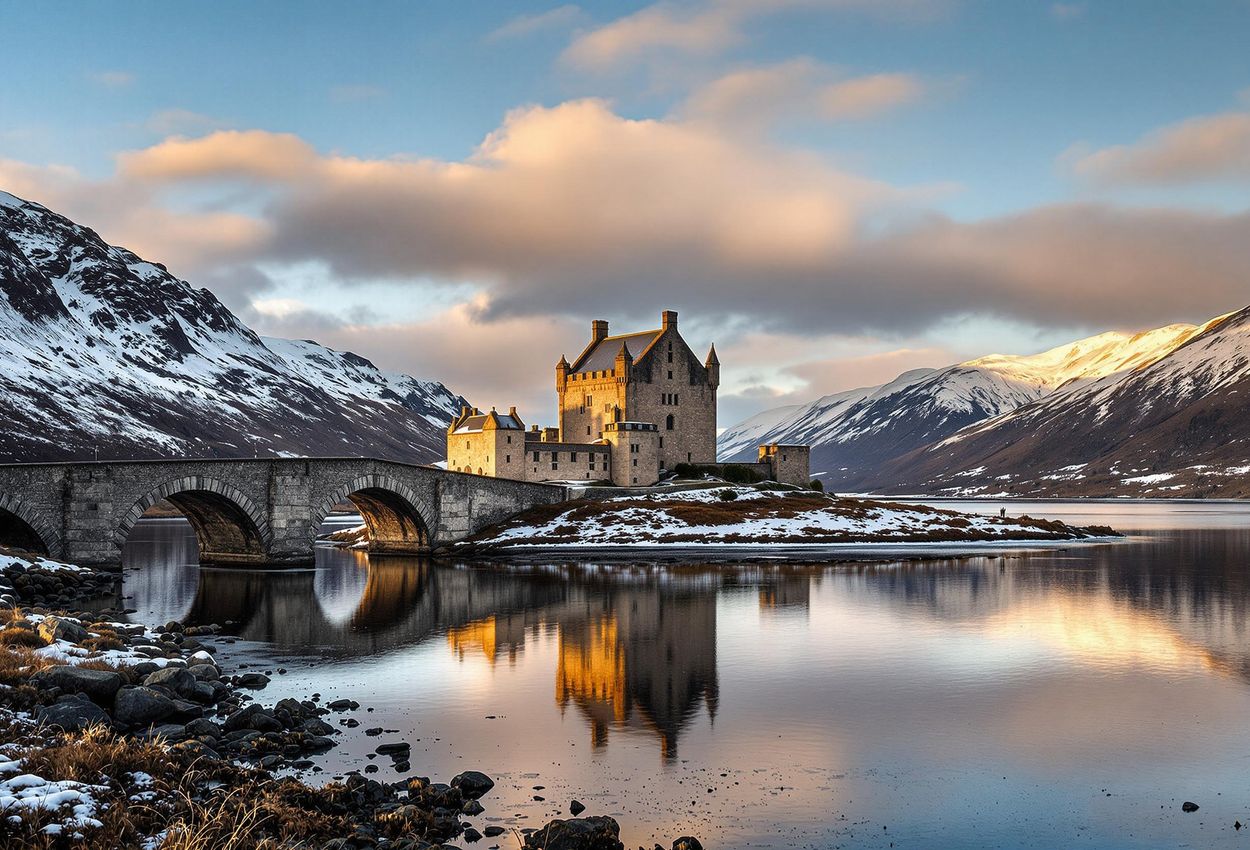 A breathtaking photograph of Eilean Donan Castle in the Scottish Highlands, captured during the magical golden hour. The still waters reflect the castle and sky, creating a stunning symmetrical image.