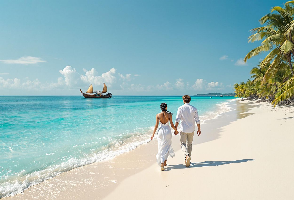 A couple enjoys a serene sunset stroll on Nungwi Beach in Zanzibar. The turquoise water, white sand, and traditional dhow boats create a picturesque scene.
