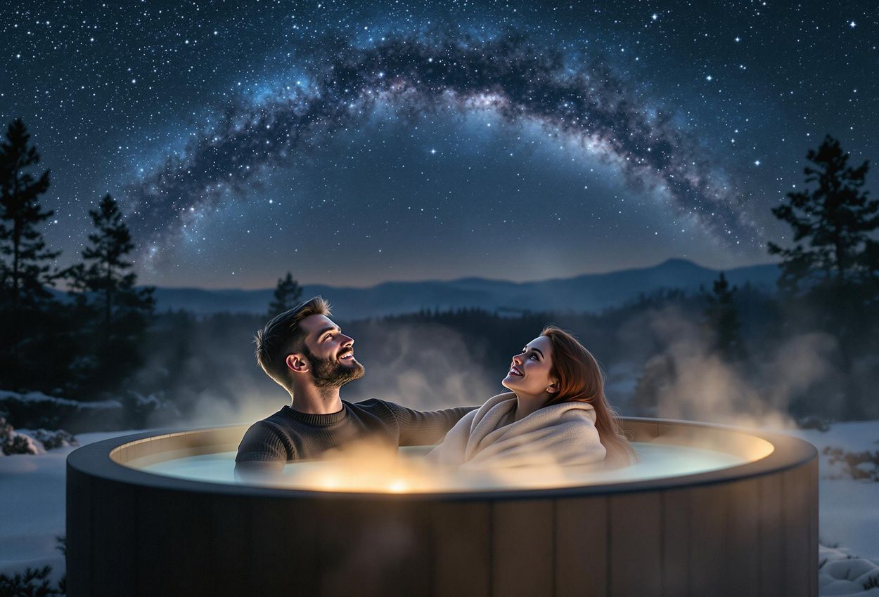 A couple enjoys a romantic winter evening stargazing from a hot tub in Scotland