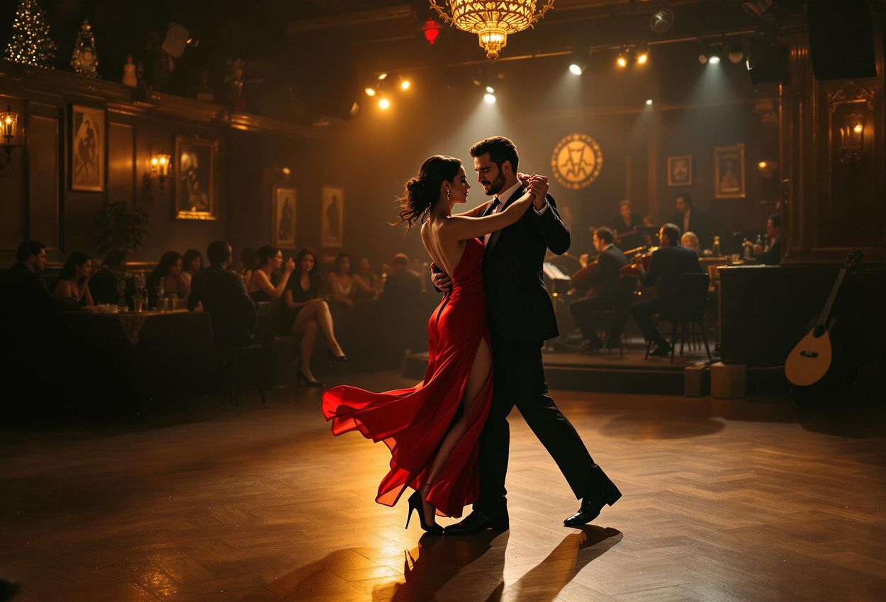 A captivating photograph capturing the energy and emotion of tango dancers in a traditional Buenos Aires milonga. The image showcases the intimate connection and vibrant atmosphere of Argentine tango.