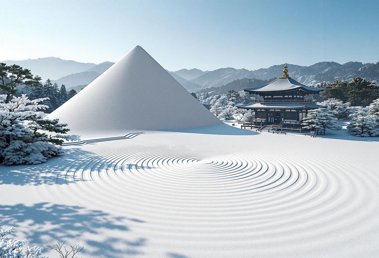 A photograph of the serene Sea of Silver Sand at Ginkaku-ji Temple in Kyoto, Japan, featuring meticulously raked white gravel, the Moon Viewing Platform, and a glimpse of the Silver Pavilion on a clear winter morning.
