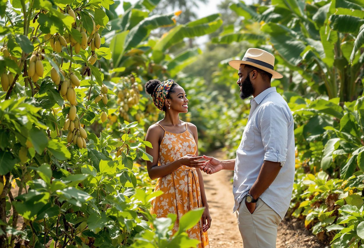 A photograph capturing a vibrant spice plantation in Zanzibar, featuring a local farmer sharing his knowledge with a couple, showcasing the rich cultural and agricultural heritage of the island.