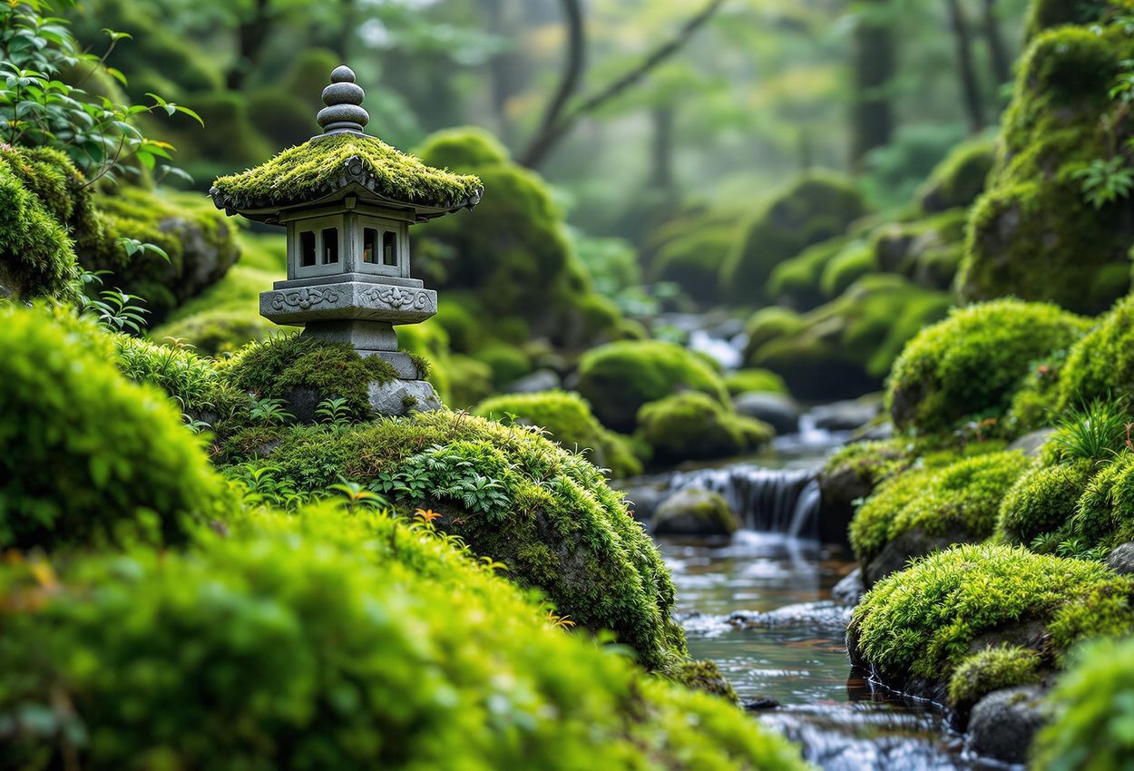 A close-up photograph capturing the serene beauty of the moss garden at Gio-ji Temple in Arashiyama, Kyoto, featuring lush green moss, soft light, and a traditional stone lantern.