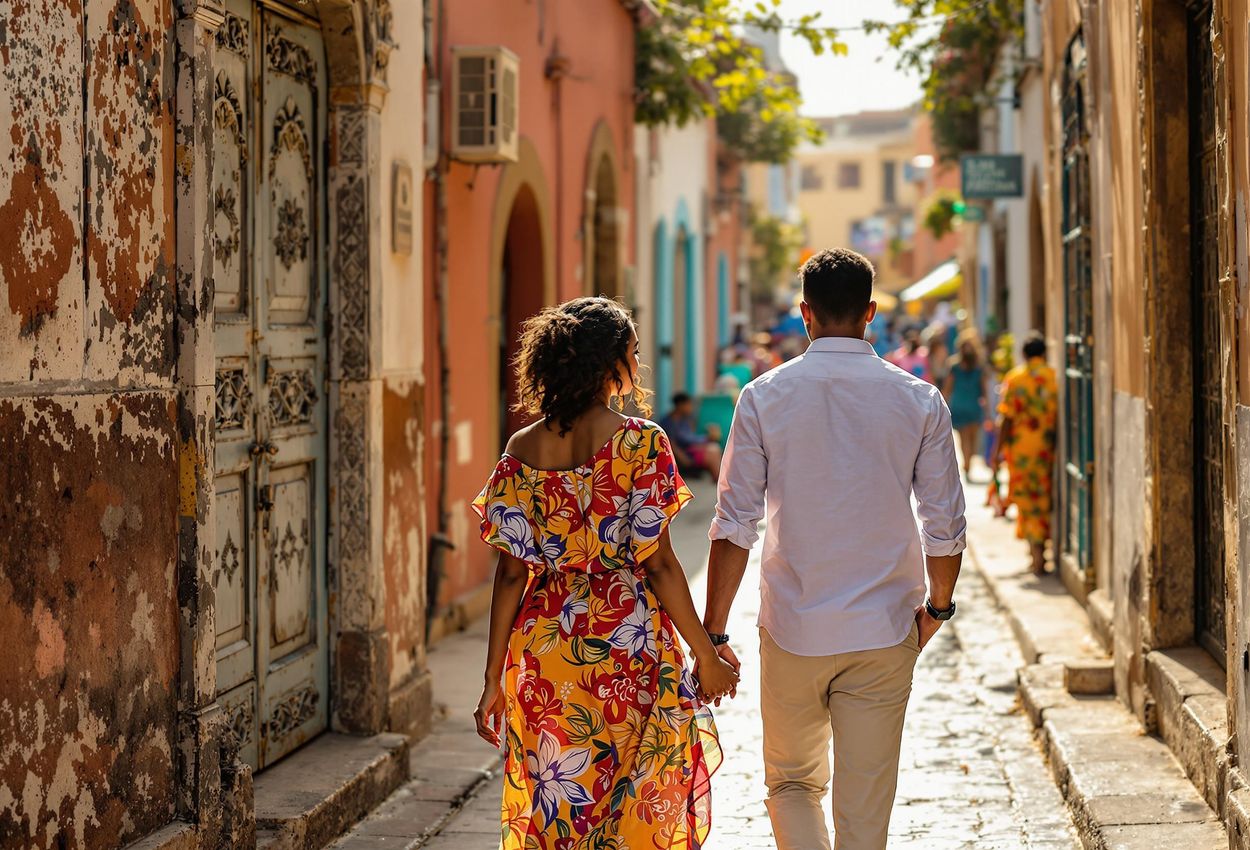 A captivating photograph of a couple exploring the historic alleyways of Stone Town, Zanzibar, showcasing the city