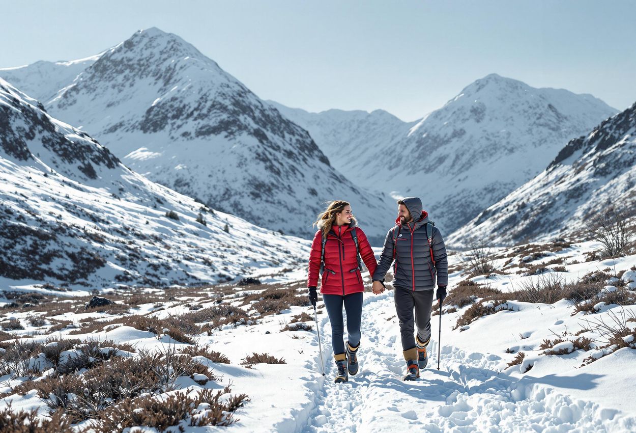 A stunning photograph captures a couple hiking hand-in-hand through the snow-covered Glencoe Valley in Scotland, with majestic mountains in the background.