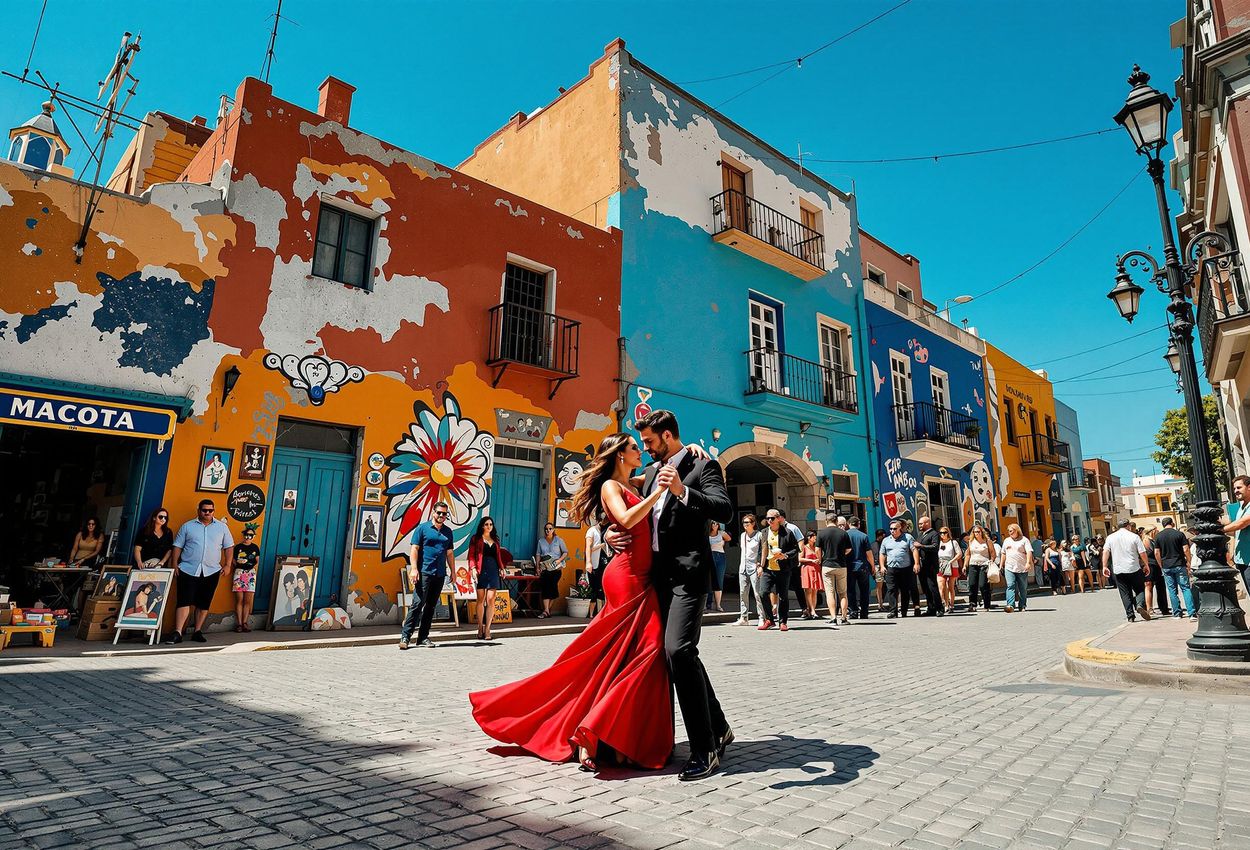 A captivating photograph of La Boca, Buenos Aires, showcasing its colorful buildings, passionate tango dancers, and vibrant street art in the heart of Argentina.