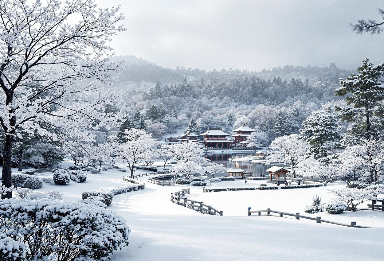 A serene photograph captures the expansive Kyoto Gyoen National Garden in winter, showcasing snow-covered trees, historic landmarks, and peaceful pathways.