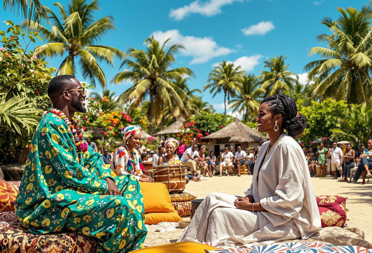 A vibrant photograph capturing a traditional Swahili music and dance performance in Zanzibar, showcasing the rich cultural heritage and joyful community spirit of the island.