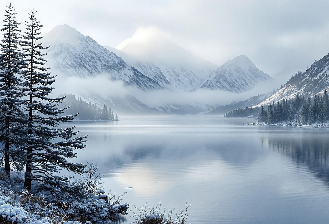 A panoramic photograph of Loch Maree on a misty winter morning, showcasing the serene beauty and remote nature of the Scottish Highlands.
