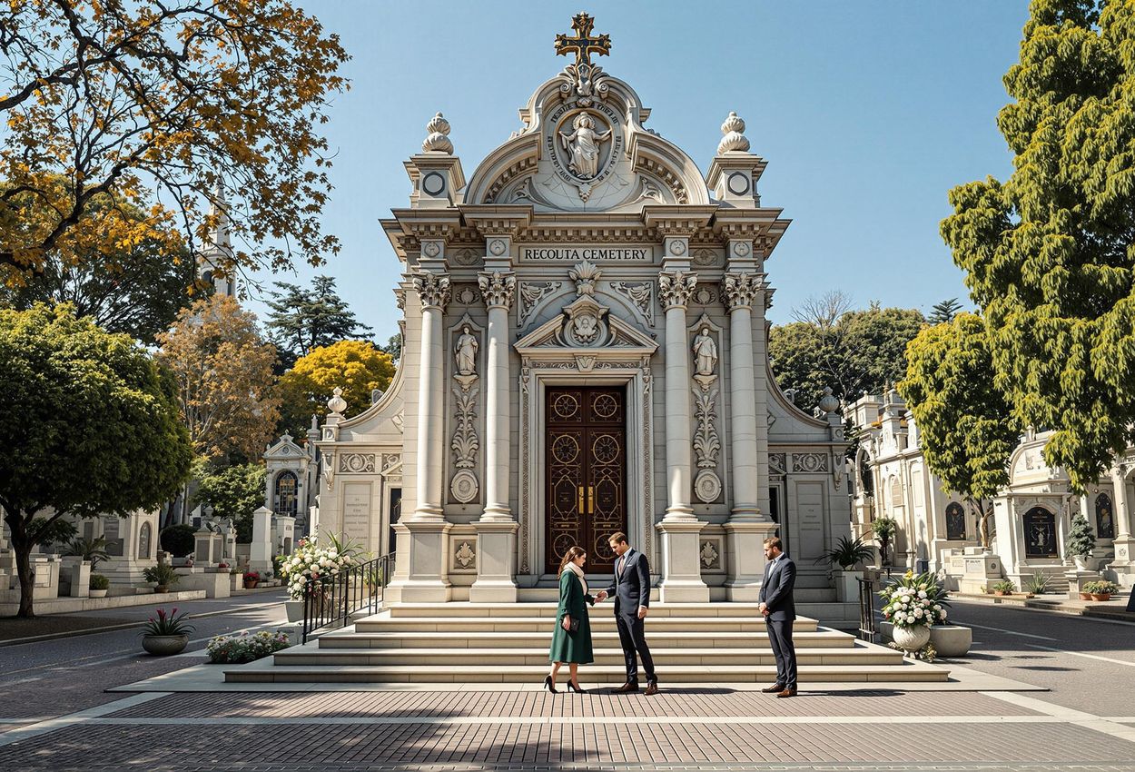 A detailed photograph of an ornate mausoleum inside Recoleta Cemetery in Buenos Aires, capturing its architectural beauty and somber atmosphere on a sunny autumn day.