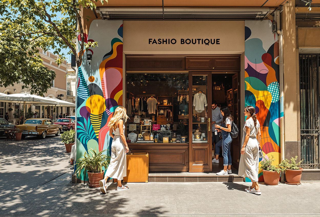 A medium shot of a fashion boutique in Palermo Soho, Buenos Aires, featuring colorful street art, stylish clothing, and people enjoying the neighborhood
