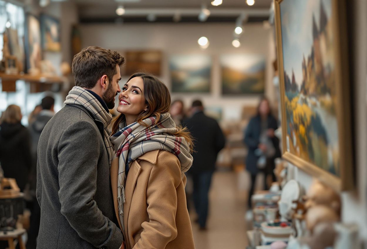 A photograph of a couple browsing an artisan gallery in Highland Perthshire, Scotland, admiring local art and crafts during a winter afternoon.