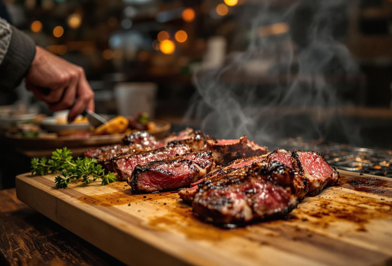 A close-up photograph captures a traditional Argentine asado at a Buenos Aires parrilla, showcasing the delicious flavors and culinary ritual of grilled meat.