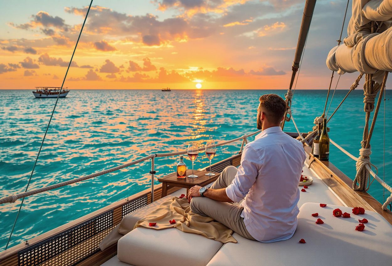 A serene image of a couple enjoying a romantic sunset dhow cruise in Zanzibar. The vibrant colors of the sky and the tranquil ocean create a breathtaking scene.