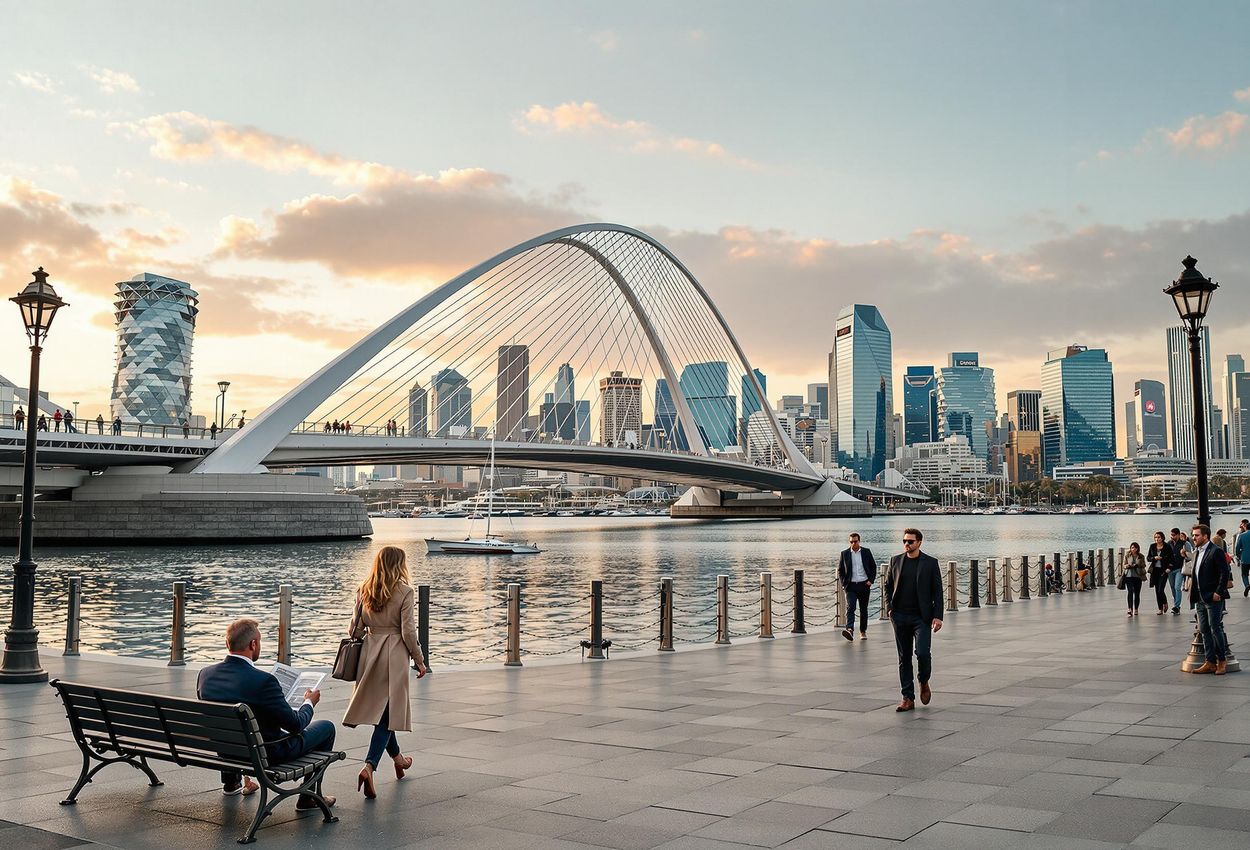 A photograph capturing the modern cityscape of Puerto Madero in Buenos Aires, featuring the iconic Puente de la Mujer and the surrounding waterfront. The image showcases the sleek architecture and vibrant atmosphere of this urban landscape.