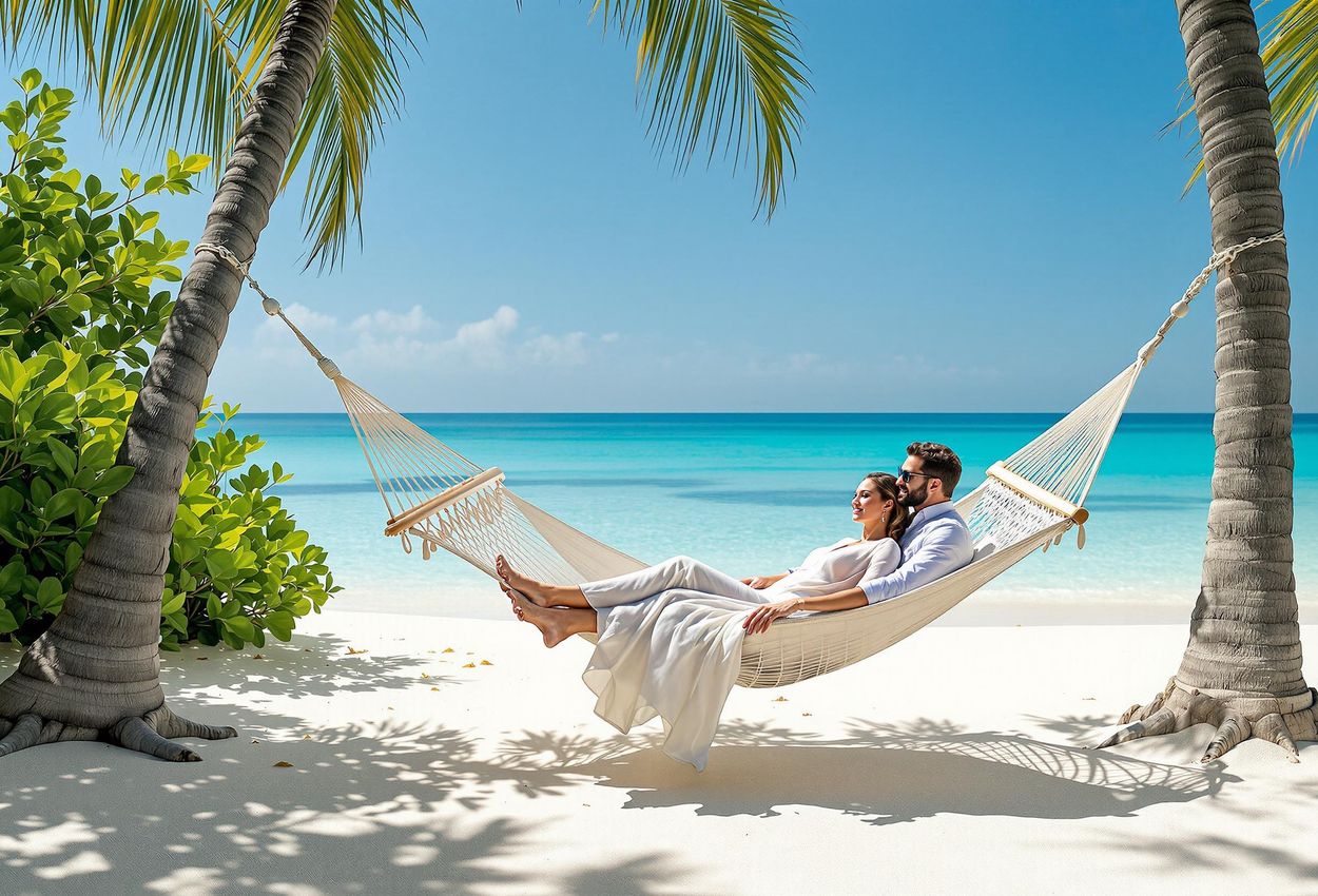 A serene photograph capturing a couple relaxing in a hammock on the pristine Pongwe Beach in Zanzibar, showcasing the island