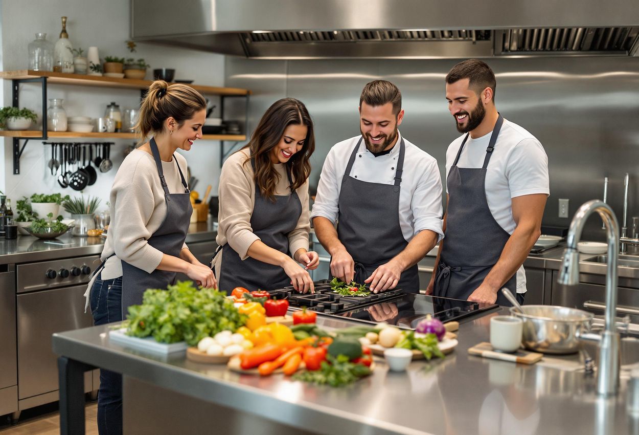 A group of friends participates in a private cooking class at the Culinary Institute of America at Copia in Napa Valley. The chef demonstrates a technique around a stainless steel kitchen island.