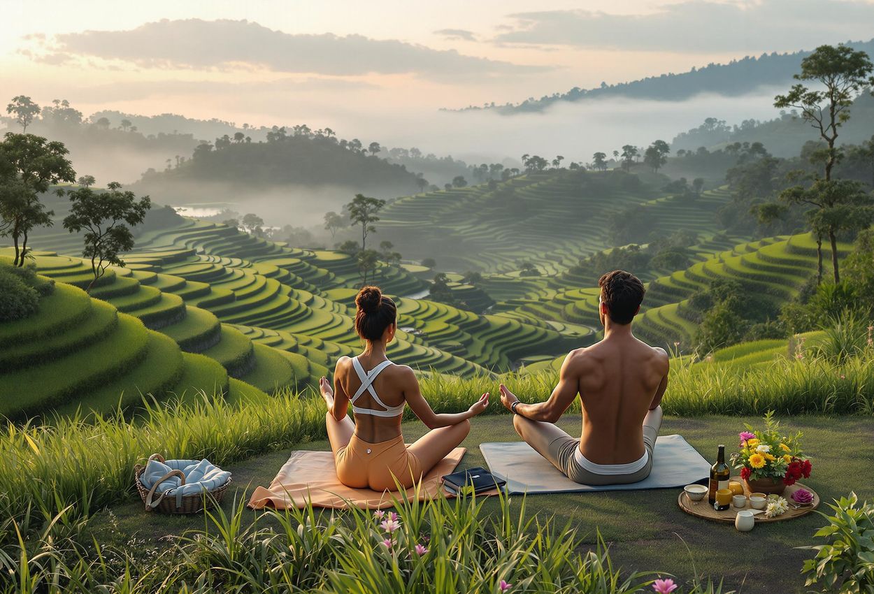 A serene photograph capturing a couple in a yoga pose at sunrise overlooking the lush rice terraces of Ubud, Bali. The soft morning light and tranquil setting create a sense of peace and connection with nature.