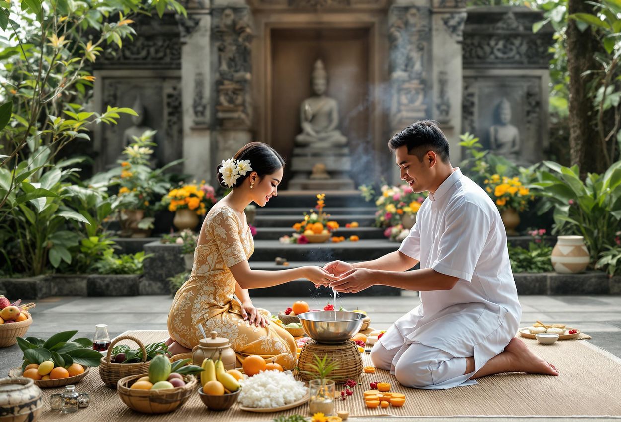 A serene photograph capturing a traditional Balinese blessing ceremony for a couple at a wellness retreat in Ubud, Bali. The image showcases the rich cultural heritage and spiritual atmosphere of the island.