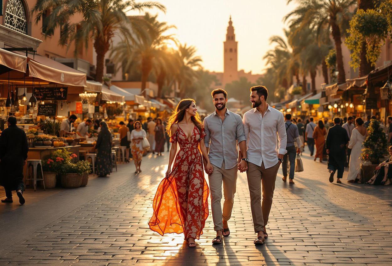 A captivating photo of a couple enjoying the vibrant atmosphere of Jemaa el-Fna square in Marrakech at sunset, showcasing the city