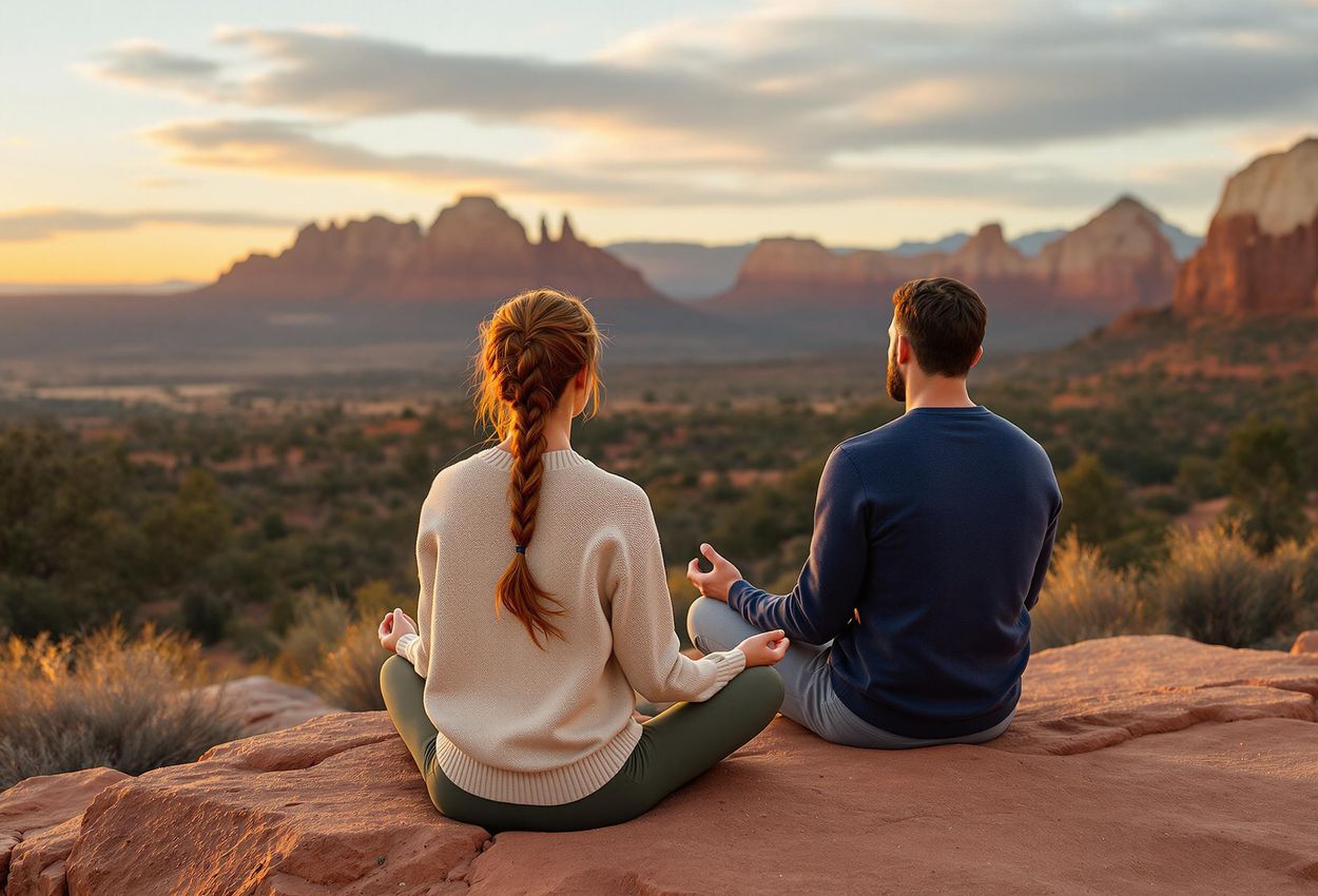 A photograph of a couple meditating at sunset on Airport Mesa in Sedona, Arizona, with iconic red rock formations in the background. The warm light and expansive landscape create a sense of peace and connection.