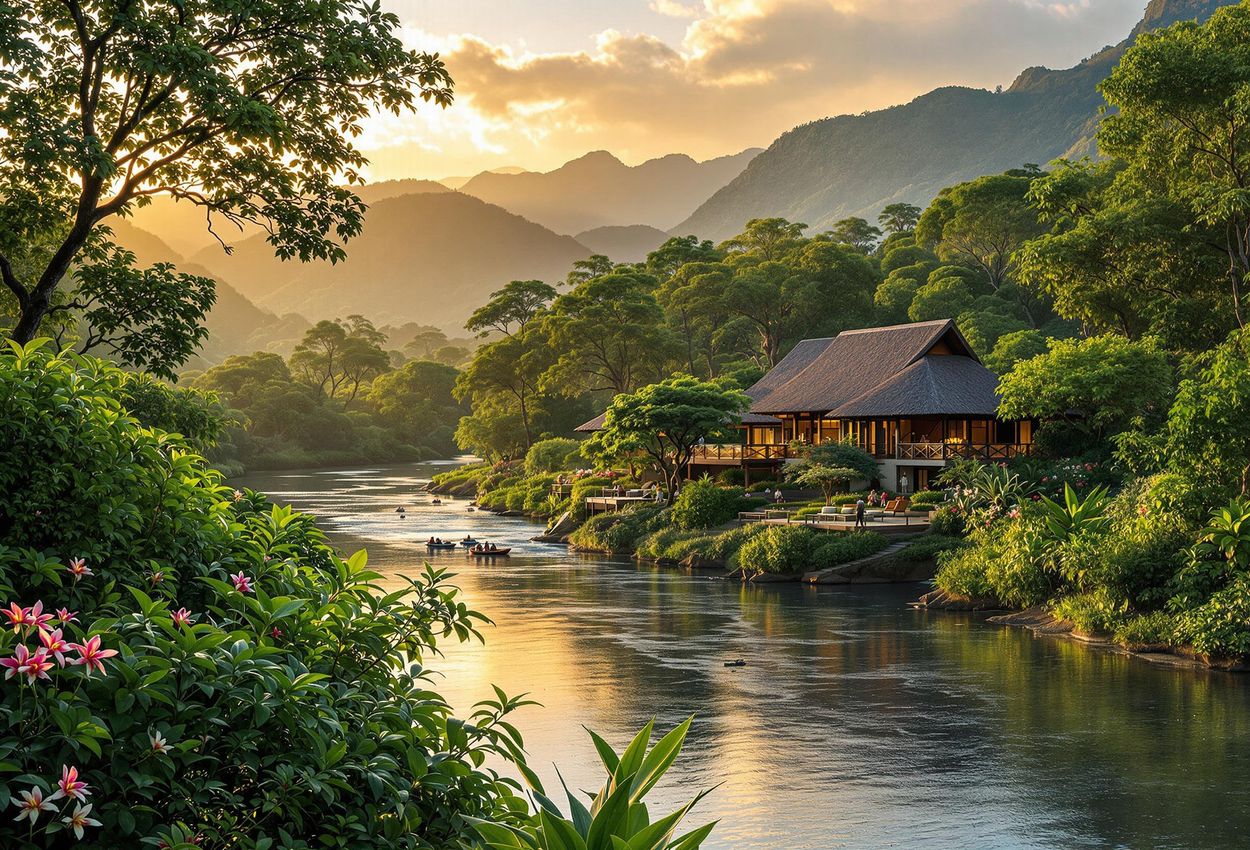 A scenic view of Pacuare River Lodge, a luxury eco-hotel nestled in Costa Rica