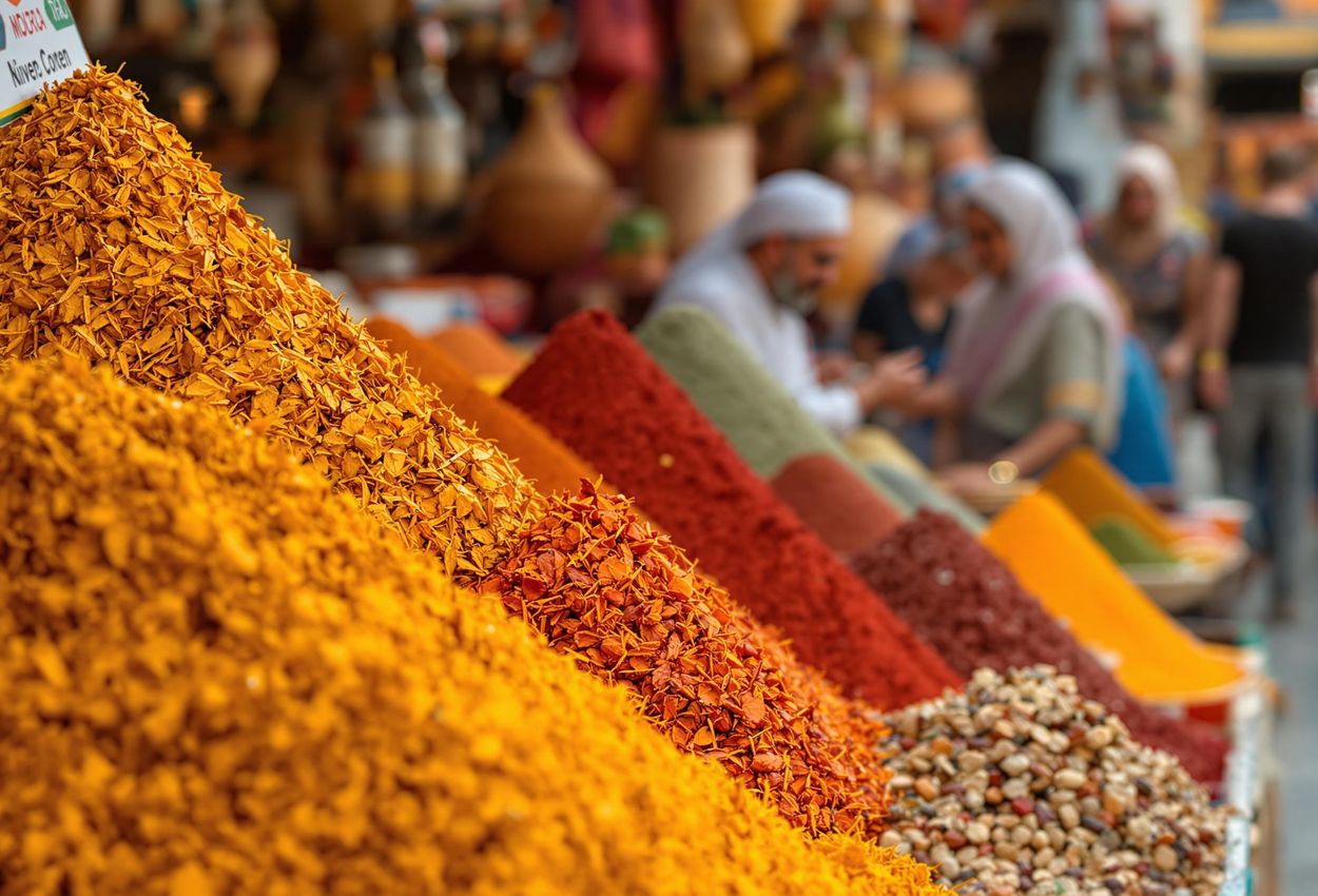 A close-up photograph captures the vibrant colors and intricate textures of spices piled high in a Marrakech souk, with a spice vendor interacting with a couple in the background.