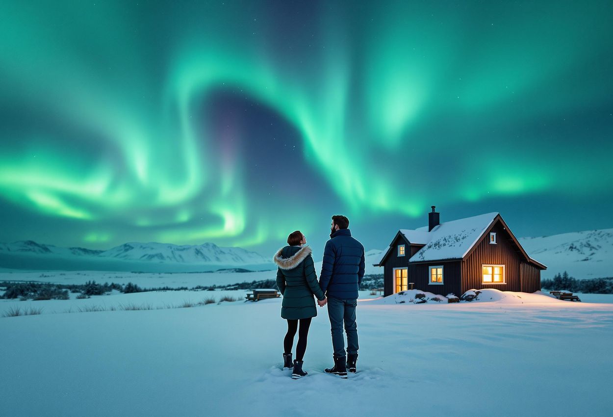 A breathtaking landscape photograph captures a couple standing hand-in-hand, mesmerized by the vibrant Aurora Borealis dancing above a snow-covered field in Iceland. A cozy cabin glows warmly in the foreground.