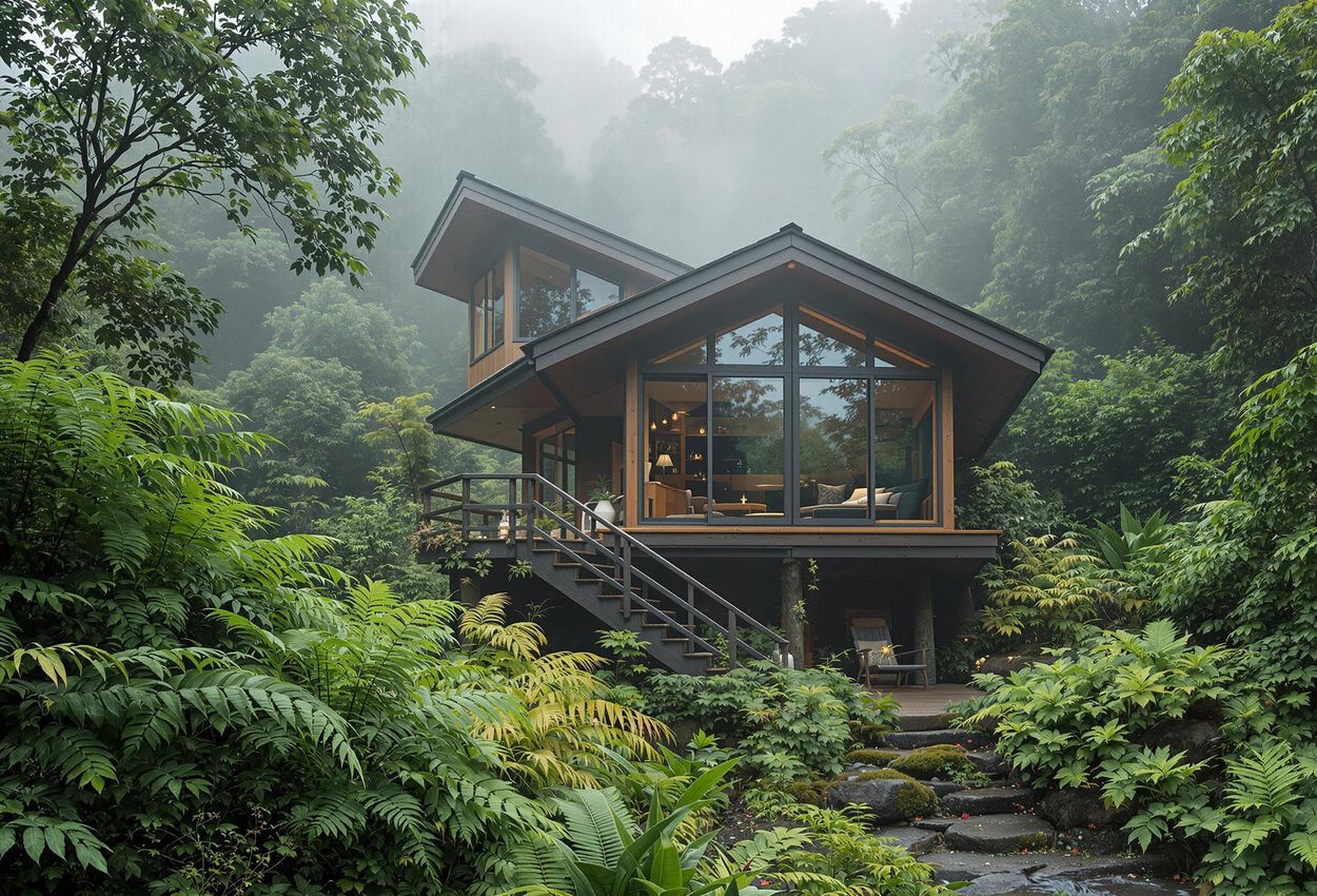 A serene photograph captures a cabin at El Silencio Lodge & Spa nestled in a misty cloud forest in Costa Rica. Floor-to-ceiling windows reflect the lush surroundings, creating a tranquil and immersive experience.