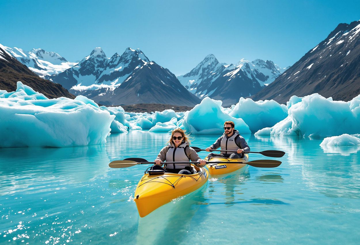 A couple enjoys a luxury kayaking experience on a pristine glacial lake in Patagonia, surrounded by towering icebergs and snow-capped mountains.