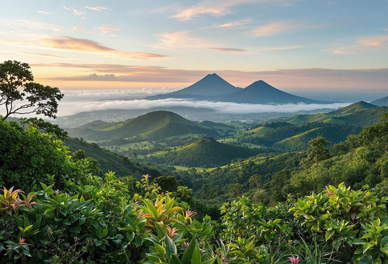 A panoramic photograph from Origins Lodge in Costa Rica, showcasing rolling hills, lush greenery, and distant volcanoes under a pastel sky at dawn.