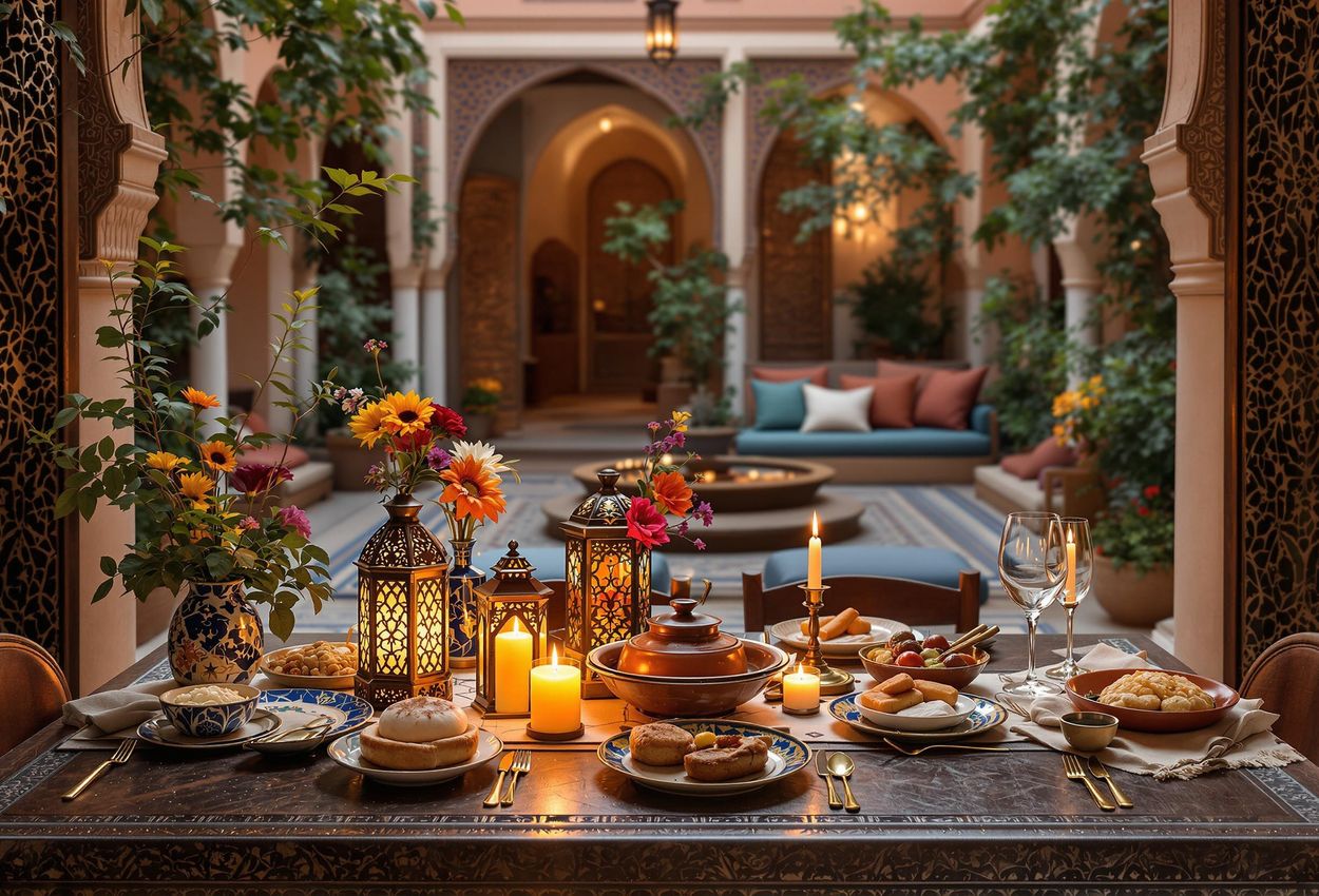 A beautifully styled table set for a romantic candlelit dinner in a traditional Marrakech riad, showcasing Moroccan cuisine and décor.