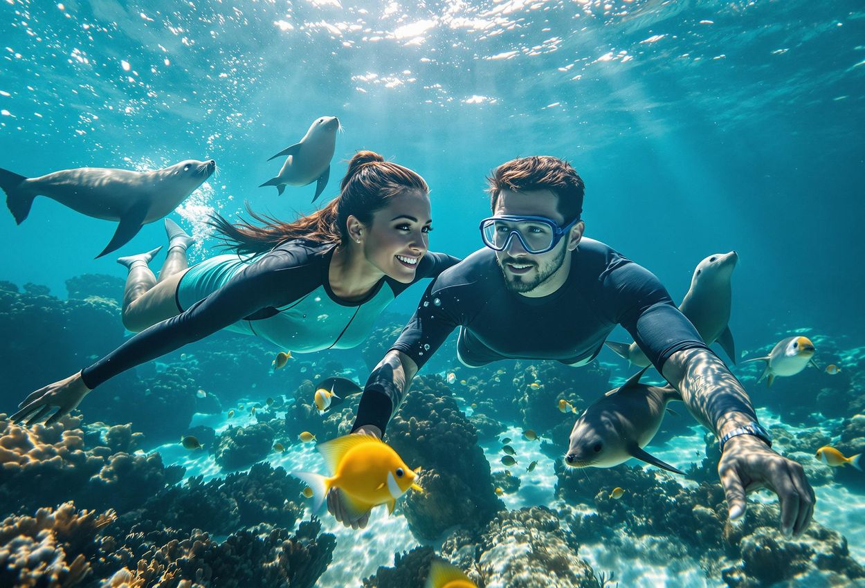 An underwater photograph of a couple snorkeling with playful sea lions in the clear waters of the Galapagos Islands. The image captures the beauty of the underwater environment and the unique wildlife encounters.